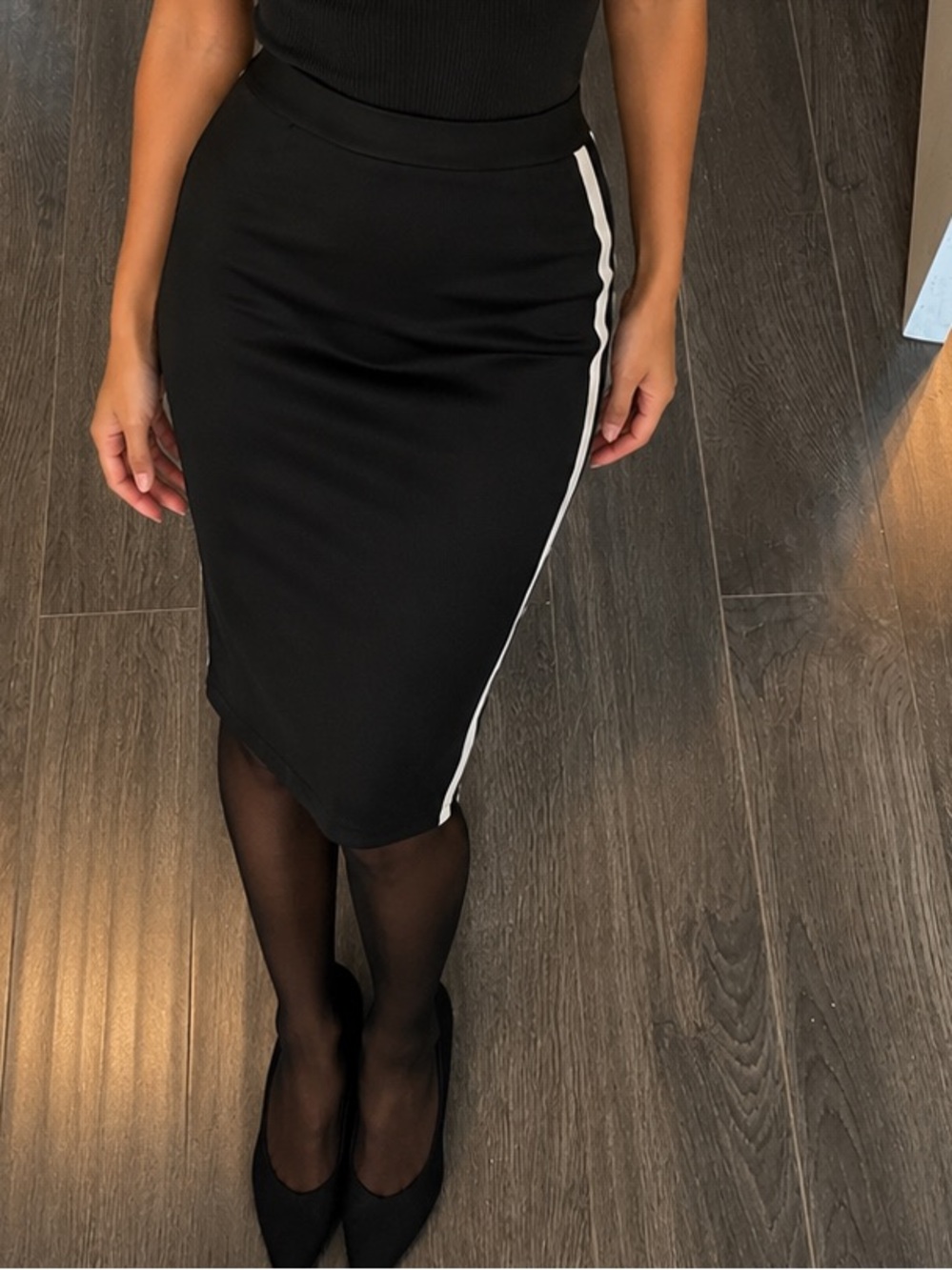 Revamped Black Pencil Skirt with White Side Stripes